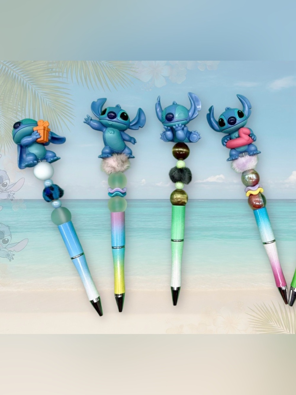 Hand Crafted Blue Character Bead Pens with Multicolor Accents
